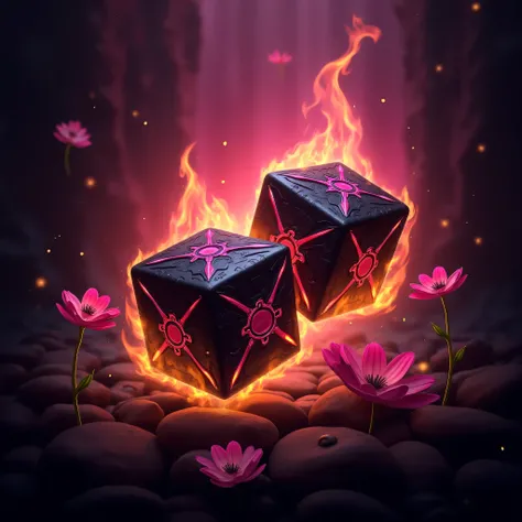 make me a black and pink dice design with burning flames and flying flowers, black, pink and gold backgrounds