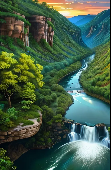 a close up of a river with a waterfall in the middle of it, a photorealistic painting by Brian Thomas, shutterstock, hudson river school, waterfalls and lakes, lakes and waterfalls, river with stunning water, a river flowing with waterfall, pools of water,...