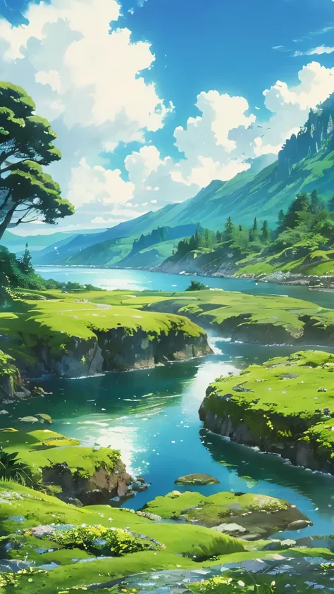 landscape, beautiful sparse clouds and thick clouds in the sky, with a river and moss rocks leading up to the ocean