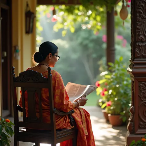 A serene front view of a traditional Kerala home, with lush greenery and vibrant flowers surrounding the entrance. A mother is seated on a classic wooden chair with intricate carvings, her back facing the viewer. She is dressed in a traditional Kerala sare...