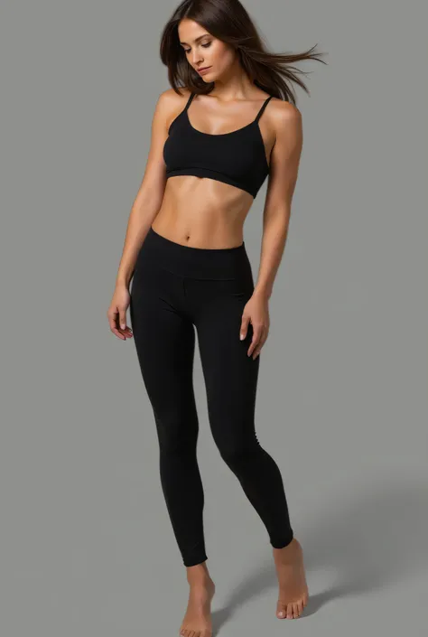  for young women with muscular and balanced body:4,  long legged ,  firm stomach ,  long brown hair,  light skin, very tight black leggings,  sneakers, and sports top ,  big butt, Close 