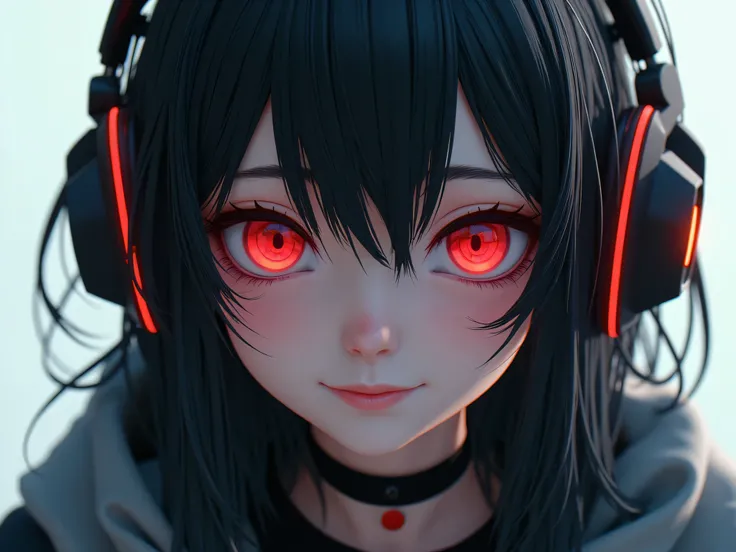 Girl looking straight ahead smiling with cyberpunk headphones red eyes 3d black hair