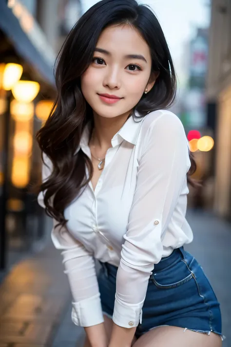 (Best quality, Masterpiece, Ultra High Resolution, (Photorealistic:1.4), Raw Photo, depth of field, professional lighting), at street, 1girl, 15-years-old, the most famous Japanese idol, cowboy shot, (wearing BURBERRY miniskirt and PRADA blouse with long s...