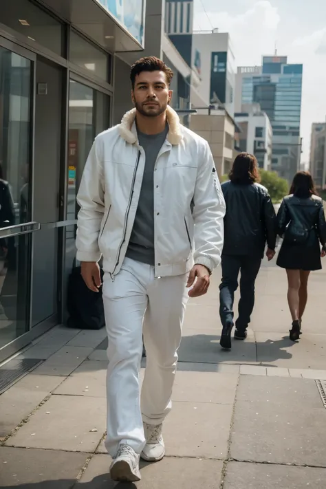 A realistic photograph of a man in a white jacket walking side by side with a super giant lion with thick fur, both walking directly towards the camera in a straight line, with a futuristic city as the background
