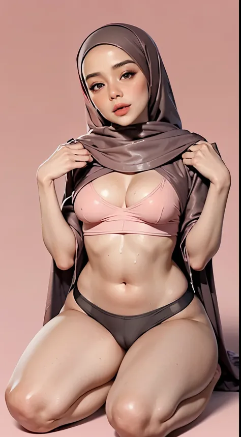 Girl, (medium boobs 1.4), grey hijab, ((peach panties)), (grey crop top), lay, hands up, slim body, cum on body, kneeling position, ultra-sexy, cleavage, cameltoe, small thong g-string panties, pink blusher and red lipstick, (tropical beach background 1.2)