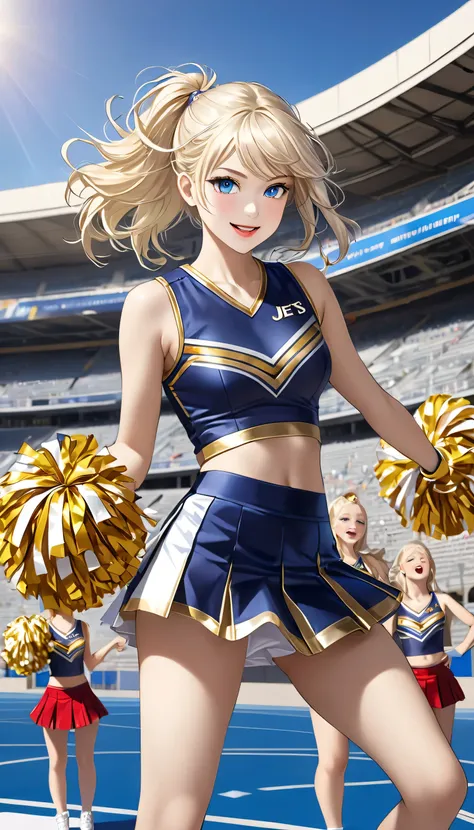 one girl, ((Highest quality)), ((masterpiece)), (detailed), ((very detailed face)), High resolution photograph, (realistic photo shoot:1.1), (doing cheer dancing), small breasts, Thin legs, cheerleader uniform, skirt, (6 Pack Abs), She has a six pack belly...