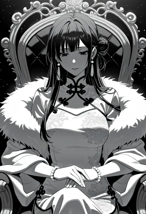 ((nagi aoe)), (masterpiece), long straight black hair with straight bangs, partial side bun, dangling earrings, white chinese dress, qipao, fur-trimmed shoulders, white fur collar, elegant seated pose, ornate chair, night sky background with stars, monochr...