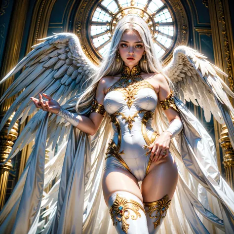  masterpiece,   Super Intricate Details ,  Low Angle Camera ,  low angle shot ,  view from below,  1 girl,  alone, Angel of Death,  blushing , Albino Skin,  Angel Tunic Wearing Shining White Armor, White and Gold . pure white big angel wings, Platinum Gems...