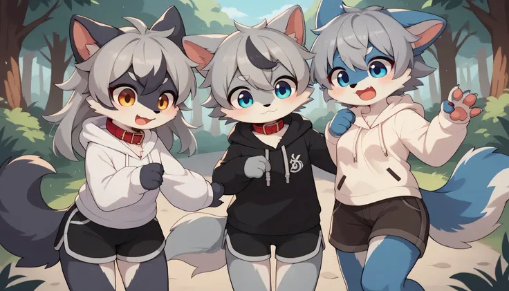    dancing happily in detail , gray hair and gray fur  ,   blue fur  , The Blue Wolf ,  Shemono  ,Age 15,Participation,  red collar fell to the floor ,   cute face,Female fur, fluffy fur  , 3 cute furry creatures dance  ！Horny boy ,Forest Background,   emb...