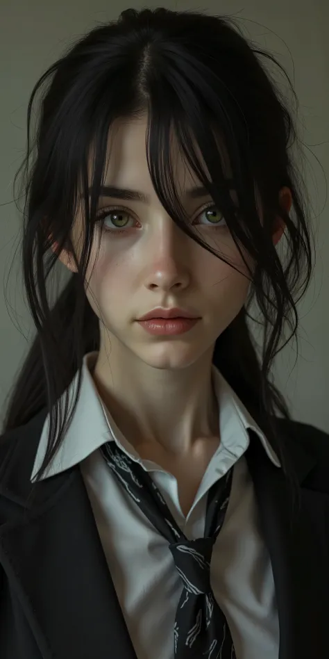 A realistic portrait of a 16-year-old female student with a rebellious and intense presence. She has medium-length black hair, slightly messy, with strands falling over her pale face. Her piercing green eyes hold an intense gaze, reflecting confidence yet ...