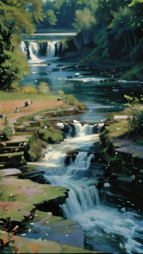 a close up of a river with a waterfall in the middle of it, a photorealistic painting by Brian Thomas, shutterstock, hudson river school, waterfalls and lakes, lakes and waterfalls, river with stunning water, a river flowing with waterfall, pools of water,...