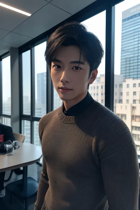  Japanese male　 handsome　 short dark hair  　　short cropped 　　 slim figure　　　　 wearing an oversized sweater　face super close up　 inside a full-glass training room　　　　 Outside is a group of futuristic city skyscrapers on a cold day 