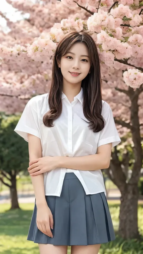 Real 8K high quality image 、 Large cherry blossom trees line up on both sides for a long time、 Cute high school girl、In a super miniskirt and a cute uniform、Model body type that is not muscular、Beautiful white ripe skin 、 apply light makeup 、 Detail...