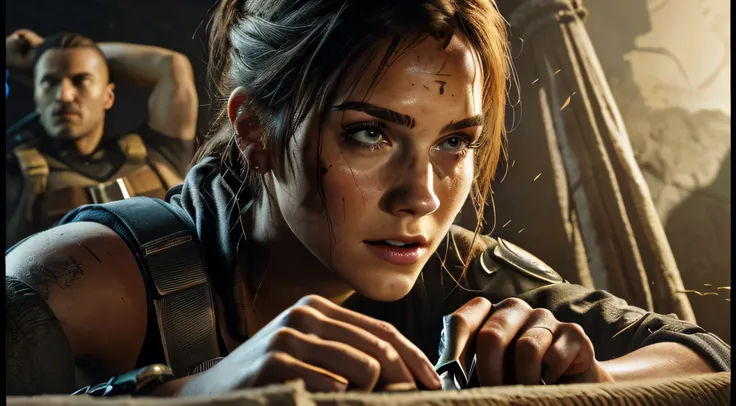 a close up of a woman holding a knife in front of a man, shadow of the tomb raider, portrait of lara croft, emma watson as lara croft, solo female character, film still from 'tomb raider', shadow of the tomb rider, tomb raider setting, tomb raider beautifu...