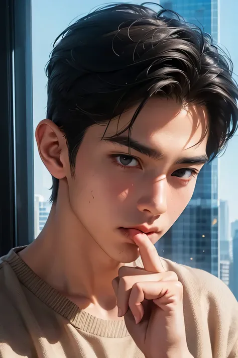  Japanese male　 handsome　 short dark hair  　　short cropped 　　 slim figure　　　　Wearing an oversized sweater in the nude　face super close up　 Full Glass Training Room Interior　　　　 Outside is a group of futuristic city skyscrapers on a cold day 　もっとface super ...