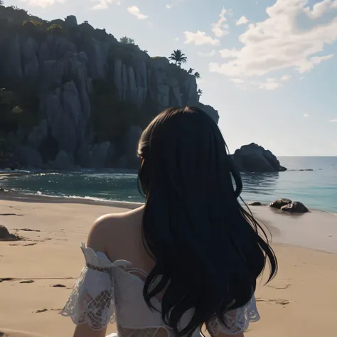 1 girl, look at the sea, wearing white dress, black hair , background sea, eye level cam, disney style, realcartoon 3d, reference the litle mermaid, blue sky beautiful fantasy, cinematic, epic, animation