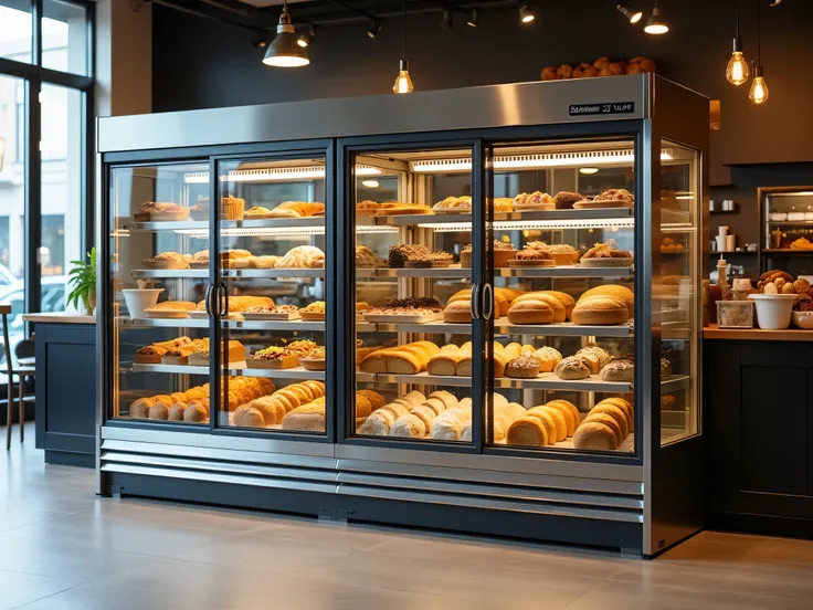 industrial refrigerated glass bakery cabinet