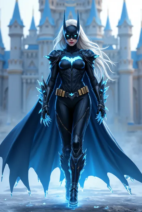 A breathtaking digital illustration of an epic crossover character, combining the elegance of Elsa from Disney's Frozen with the powerful, armored aesthetic of Batman. She stands confidently in front of a grand fairytale castle with blue and gold spires, e...