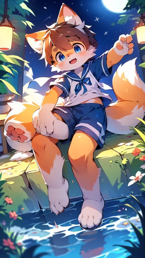  Fox boy in sailor suit ,Characteristics of Sailor Suits, 超 Hi-Res,  very well detailed, big,  pointed ears , dark eyes are bright orange or yellow,  blue sailor suit   , shorts,  shorts ,(Fox ear style  ),  Hi-Res , Cheering expression  ,  Anime Cute Art ...