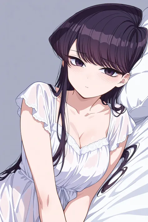 Shouko Komi, rating safe, solo, long hair, looking at viewer, shirt, black hair, closed mouth, white shirt, upper body, purple hair, shy, White nightdress, transparent, cleavage, cool face, looking at viewer, laydown on bed, 