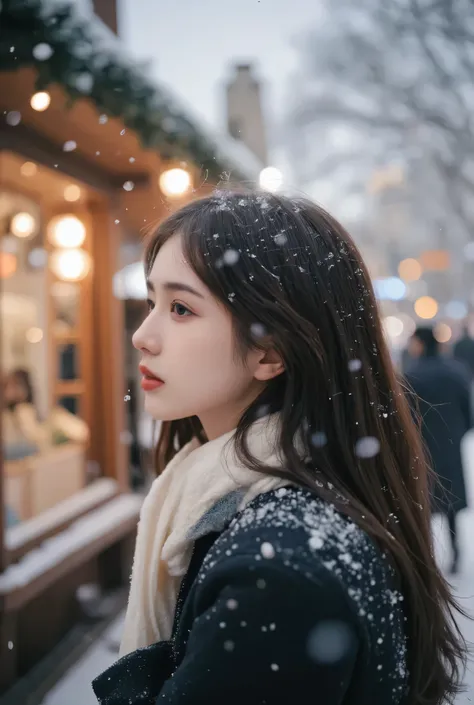 （masterpiece, best quality :1.2), winter,1 woman, [white breath] 、( Fantastic)Winter Festival 、 Snowflakes、❄️、cinematic lighting ,focus on her face,background blur,  fantastic