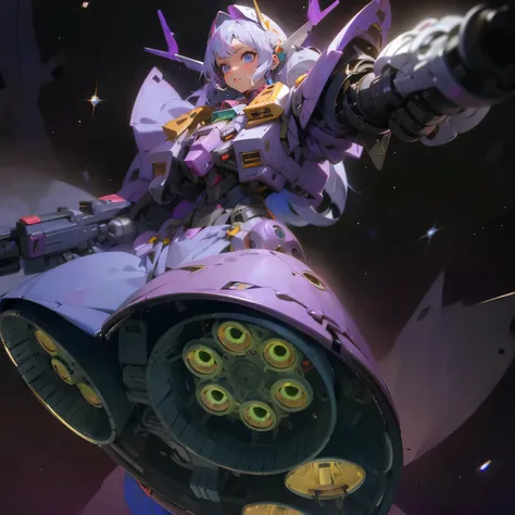  Silver Hair、Glasses、zeong、Purple Body、 Hi-Res,sunny,woman, mechanical woman,Armed, nostalgic,universe,gundam,gun