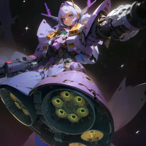 Silver Hair、Glasses、zeong、Purple Body、 Hi-Res,sunny,woman, mechanical woman,Armed, nostalgic,universe,gundam,gun