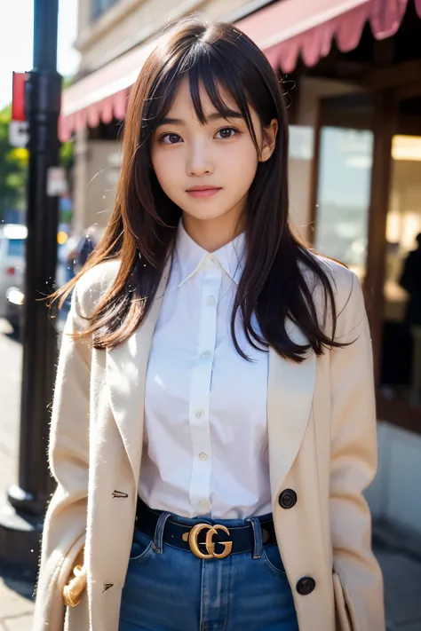 (Best quality, Masterpiece, Ultra High Resolution, (Photorealistic:1.4), Raw Photo, depth of field, professional lighting), at street, 1girl, (15-years-old), the most famous Japanese idol, cowboy shot, (wearing most realistic clothes, GUCCI coat, (BURBERRY...