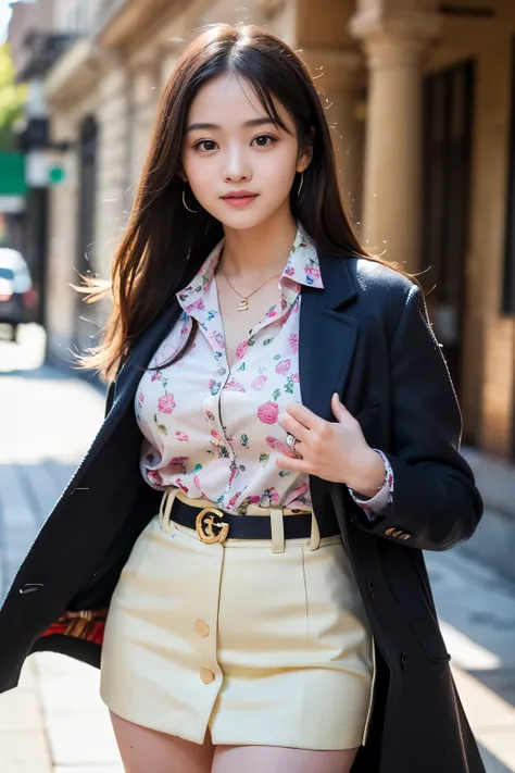 (Best quality, Masterpiece, Ultra High Resolution, (Photorealistic:1.4), Raw Photo, depth of field, professional lighting), at street, 1girl, (15-years-old), the most famous Japanese idol, cowboy shot, (wearing most realistic clothes, GUCCI coat, (BURBERRY...