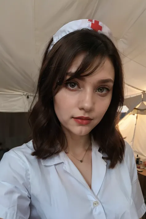 The real ghost of my 22 year old Moldovan sister Marina looks at me in the tent wearing a nurse uniform full.real life true 22 year old Moldovan sister putting on red lipstick 