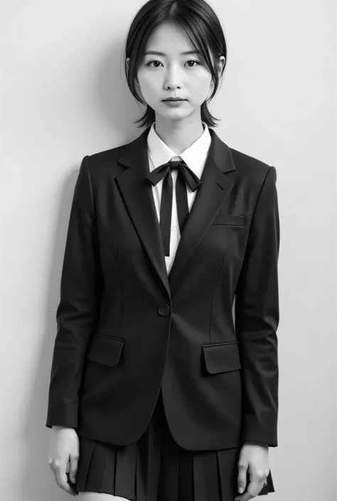  black and white photo of a retro female student ,  by Nomi, Beautiful Japanese woman's face,  facing straight to camera  :1.37, Black and White Photography:1.37, Black and White Photography:1.37,  by Nomi, Very by Nomi photos,  is standing,   perfect anat...