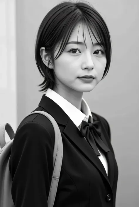  black and white photo of a retro female student ,  by Nomi, Beautiful Japanese woman's face, extra close-up:1.8,  Closeup Photos of Faces ,  facing straight to camera  :1.37, Black and White Photography:1.37, Black and White Photography:1.37,  by Nomi, Ve...