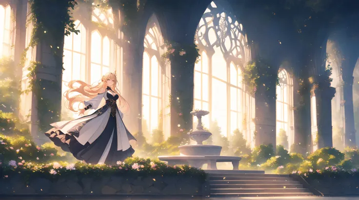 *"A breathtaking medieval garden inside a grand castle, illustrated in a beautifully detailed anime style. The garden is enclosed by tall, ivy-covered stone walls, with elegant archways and stained-glass windows filtering in soft golden morning light. Deli...