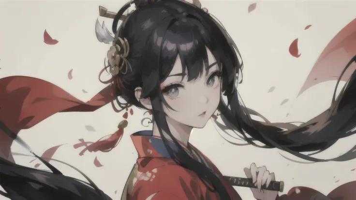 Asian Beauty，Sparkling eyes， Japanese kimono，Play with swords ， Long Hair Fluttering ，With bangs，Bust 1.0，Wear a Japanese sword