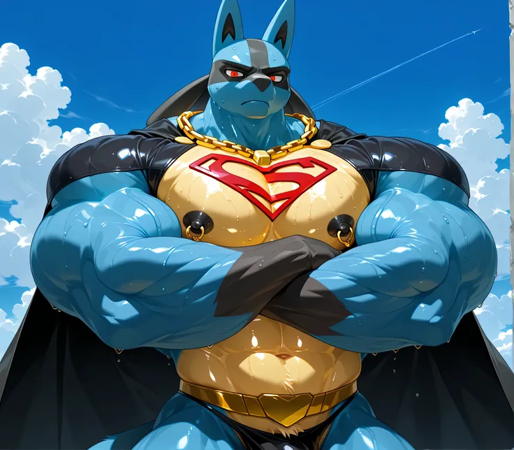 kemono, by null-ghost, by zixiong, solo, male, tail, Lucario, anthro, black nipples, big nipples, gold nipple rings, sweaty, handsome, broad shoulders, black thong, broad chest, huge muscular, posing, bedroom eyes, thick neck, thick arms, crossed arms, ser...