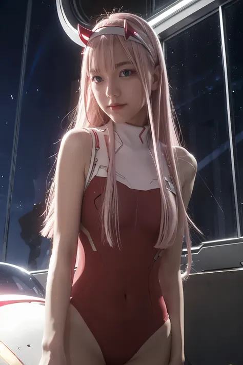 dynamic angle,ultra-detailed, illustration, straight on, 1girl, ((Zero two, interface headband with a pair of horns, red bodysuit:1.4, pink hair)), Her eyes shone like dreamy stars,(glowing eyes:1.233),(beautiful and detailed eyes:1.1),(expressionless, clo...