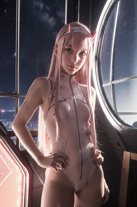 dynamic angle,ultra-detailed, illustration, straight on, 1girl, ((Zero two, interface headband with a pair of horns, red bodysuit:1.4, pink hair)), Her eyes shone like dreamy stars,(glowing eyes:1.233),(beautiful and detailed eyes:1.1),(expressionless, clo...