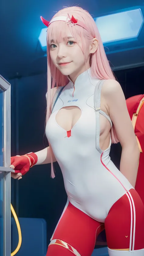 (Overhead view),dynamic angle,ultra-detailed, illustration, straight on, 1girl, ((Zero two, interface headband with a pair of horns, red bodysuit:1.4, pink hair)), Her eyes shone like dreamy stars,(glowing eyes:1.233),(beautiful and detailed eyes:1.1),(exp...