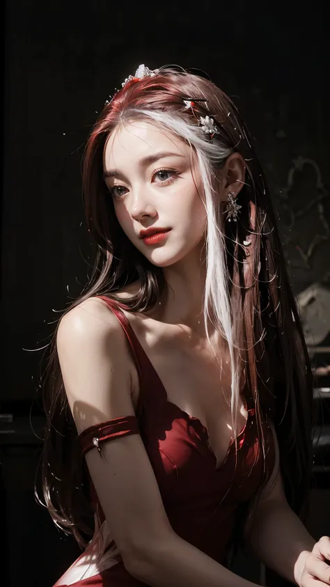   Highest& Masterpiece,Ultra HD 4K, Smile、(( red rouge on a low stone)),((Brainstorming Photo:1.6)),(( white straight slightly disheveled, no hair ornament, long hair:1.4)),Adult Girl ,open shoulder one piece dress  