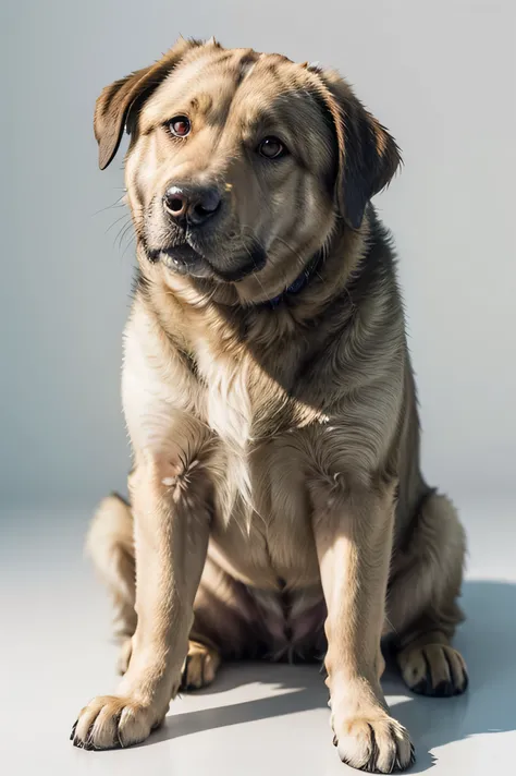 create a realistic kangal dog, he is facing the observer in a sitting position with his imposing gaze. Full body viewing angle with paws together below write the word Kangal, white background