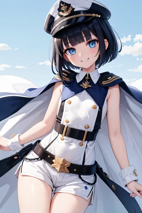 best quality，high resolution， 1girl ，blue eyes，short hair，Black hair，blunt bangs，flat chest，smile，grin，white garrison cap，white cloak，white military shirt，sleeveless，white shorts，white peaked cap