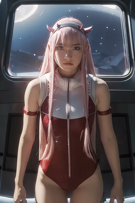 dynamic angle,ultra-detailed, illustration, straight on, 1girl, ((Zero two, interface headband with a pair of horns, red bodysuit:1.4, pink hair)), Her eyes shone like dreamy stars,(glowing eyes:1.233),(beautiful and detailed eyes:1.1),(expressionless, clo...