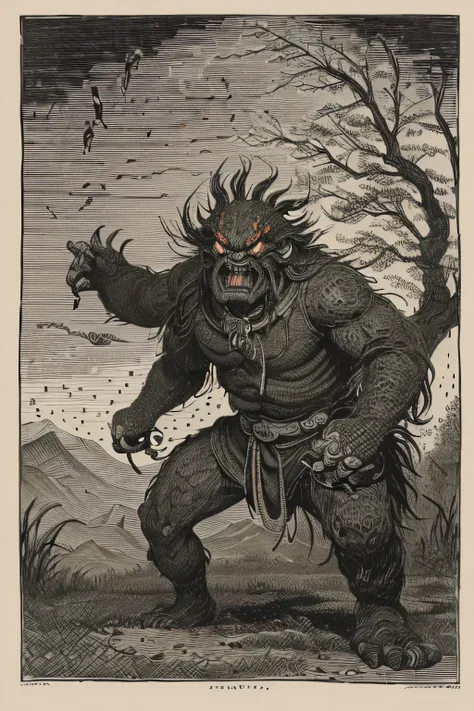 (   monster ), ((Surprise)),   outline warm color, (( festival)), ((Chojugiga)), ((Shihon Bokuga)),   antique , ( Personification  ), (Ink painting),  Black and white art , (Old paper style illustration), (Hunting Art Style , Little    monster , Old perfor...