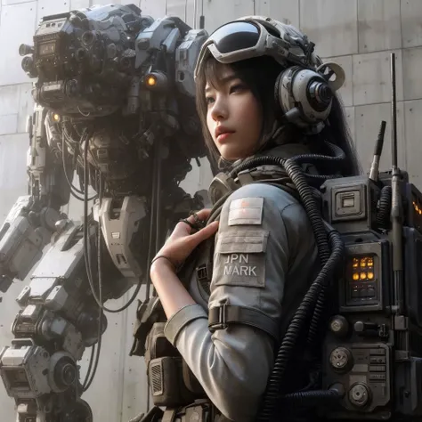  photorealistic、 realistic skin texture、Near future、 beautiful Japanese woman belonging to allied special forces 、jpn's mark 、、 future head protector and smart goggles 、 futuristic blaster gun connected to an energy backpack by cable、 blaster gun type with...