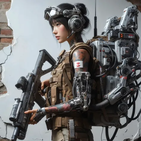  photorealistic、 realistic skin texture、Near future、 beautiful Japanese woman belonging to allied special forces 、jpn's mark 、、 future head protector and smart goggles 、 futuristic blaster gun connected to an energy backpack by cable、 blaster gun type with...