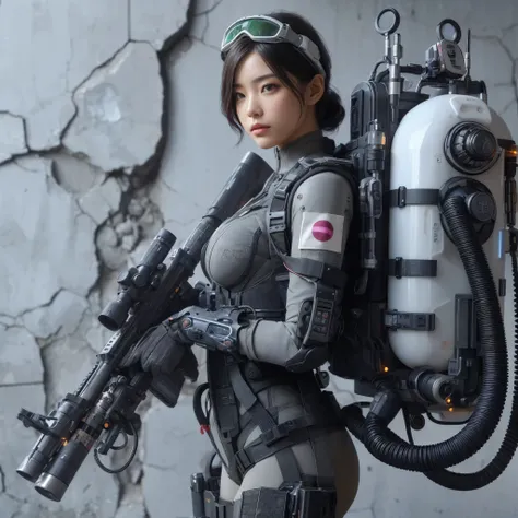  photorealistic、 realistic skin texture、Near future、 beautiful Japanese woman belonging to allied special forces 、jpn's mark 、、 future head protector and smart goggles 、 futuristic blaster gun connected to an energy backpack by cable、 blaster gun type with...