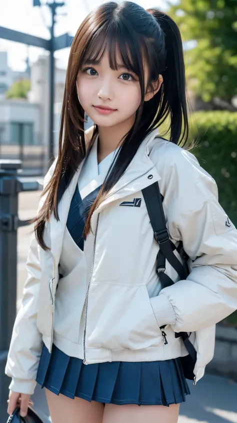 (( masterpiece,  top quality,  Hi-Res)),   Japanese high school girl、( by Nomi: 1.4),  excited、great face, sharp mouth、With a pout、Glossy wet lips、Age 15,  ponytail、( beautiful hair:1.5),  white down jacket、 very short miniskirt、 beautiful body、  beautiful...