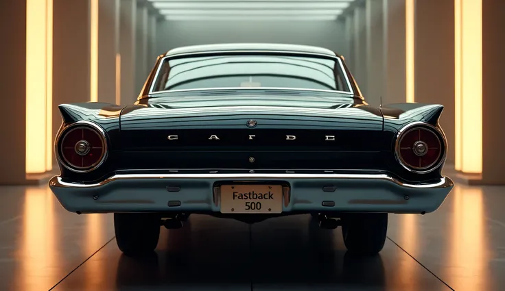 Black colour Back view in Ford Galaxie 500 Fastback old model in  the showroom.The front plate reads  "FASTBACK 500"   view highlighted with beautiful  and stylish image