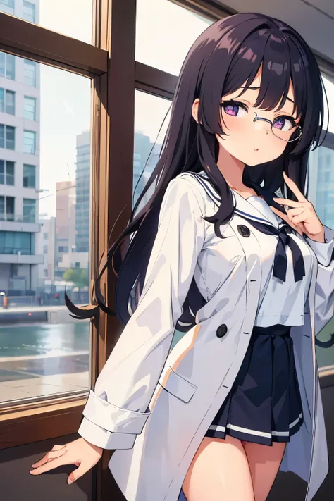 （（（（Whiteを着ている））））　（（（（ white long coat））））　  girl 　 A Cup Breasts　 black hair　 long hair that spreads unkempt 　 purple eyes　Glasses　Sleepy eyes　 zitoida　（（One person）） Half Sleeve Sailor Suit　（（（（White））））　  lower body navy blue mini skirt 　 black panties...