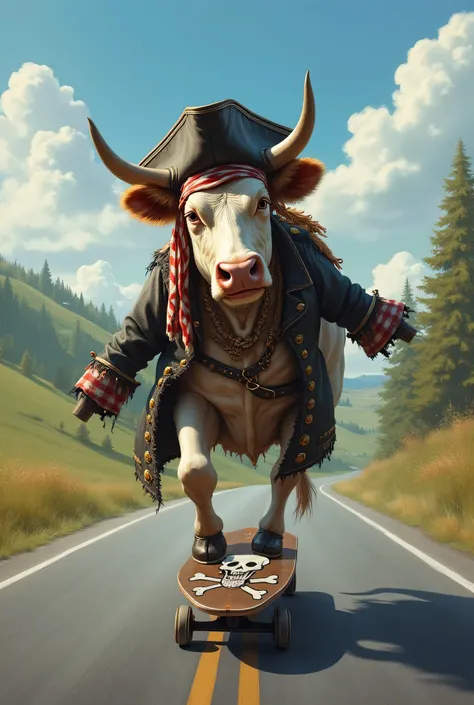 A realistic scene where a cow wearing pirate styled clothes is skating on a skate board on a road.